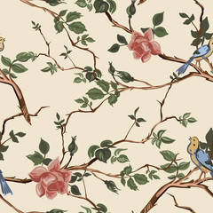 Rose blossom branches with bird seamless pattern
