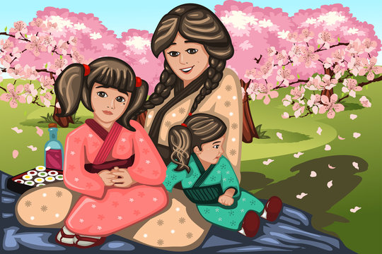 Japanese woman and her children during Cherry Blossom