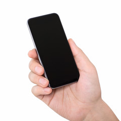 isolated man hand holding a black phone