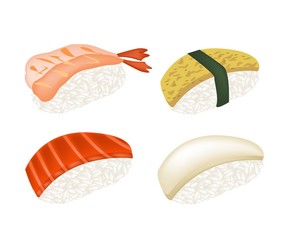 Japanese Seafood Sushi and Tamagoyaki Nigiri on White