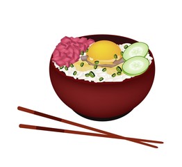 Bowl of Boiled Rice with Raw Egg and Tuna