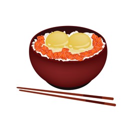 Bowl of Boiled Rice with Raw Egg and Salmon