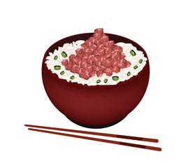 Bowl of Boiled Rice Topping with Chopped Maguro