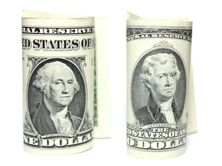 Close up of one and two dollars isolate on white background.