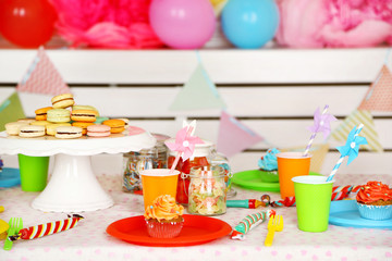 Prepared birthday table with sweets for children party
