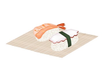 Shrimp Nigiri and Squid Nigiri on Bamboo Mat