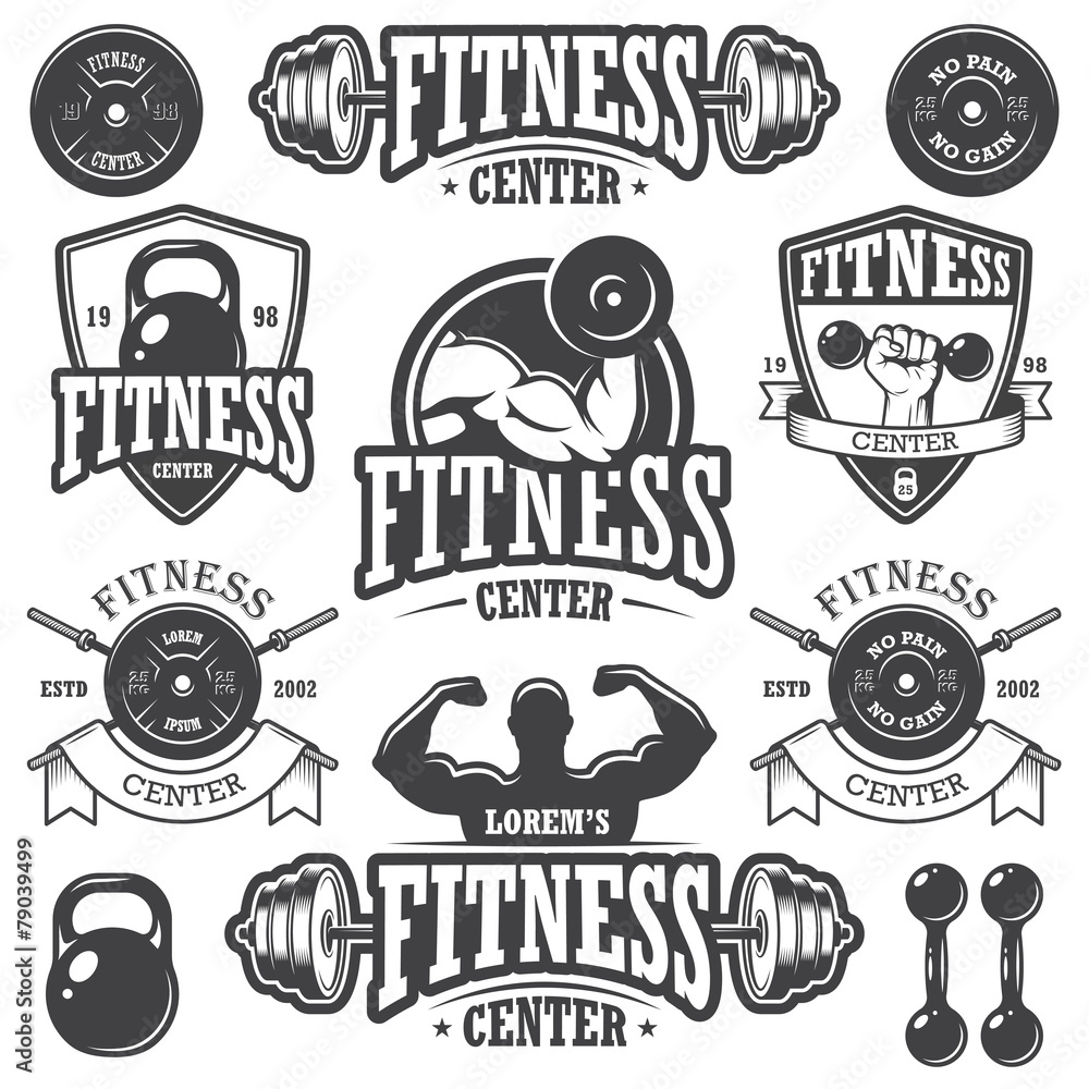 Sticker set of monochrome fitness emblems