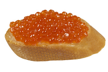 Tasty sandwich with red caviar on white background