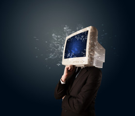 Computer monitor screen exploding on a young persons head
