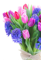 bouquet of   blue hyacinth and  tulips