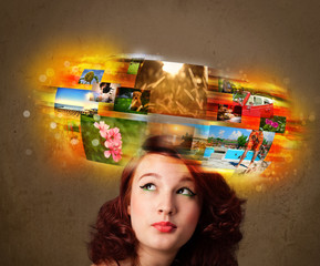 girl with colorful glowing photo memories concept