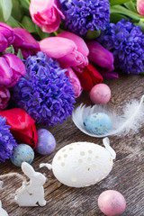 easter eggs with tulips and hyacinth