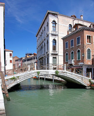 Fototapeta na wymiar Narrow water canal and traditional buildings in Venice, Italy