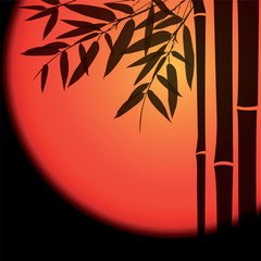 Naklejka premium Bamboo trees and leaves with red sun on black background.