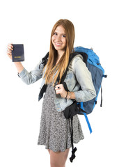 happy young student tourist woman with backpack and passport