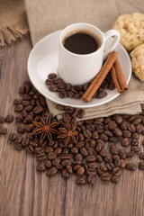 Coffee cup with burlap sack