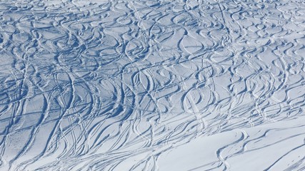 Snowboard and ski tracks in powder snow