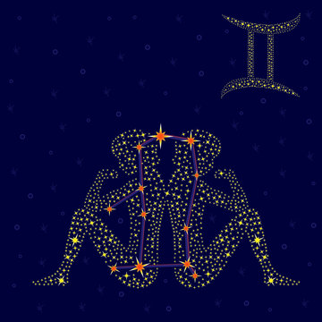 Zodiac sign Gemini over starry sky
