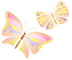 Two flying butterflies on white background. Vector