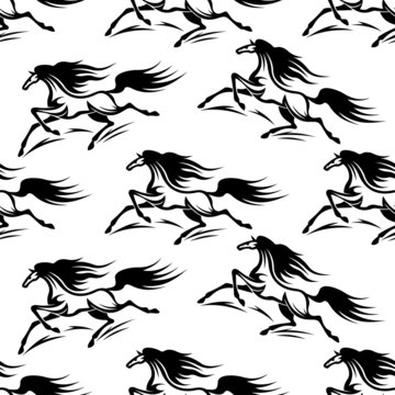 Black horses silhouettes seamless pattern