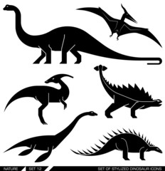 Vector set of geometrically stylized dinosaur icons.