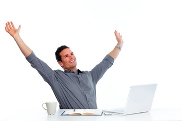 Man working with laptop computer.