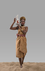 Attractive young african woman carrying jug with water - obrazy, fototapety, plakaty