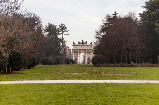 Arch of Peace view from Milan Parco Sempione in winter