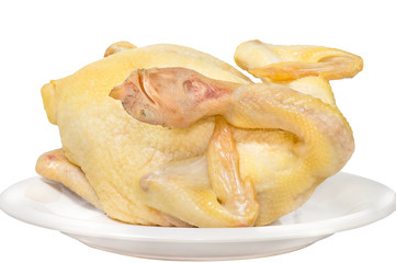 boiled chicken on dish, isolated on white background