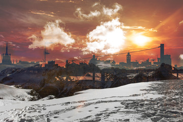 Double exposure of snow and cityscape