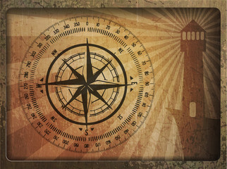 Fototapeta na wymiar Vintage illustration: compass, part of the world, the lighthouse