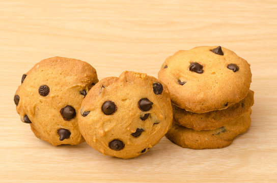Homemad chocolate chip cookies on wooden background