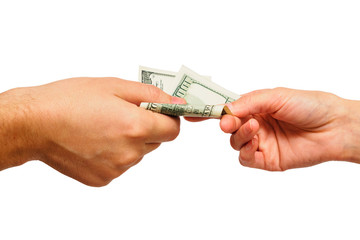 Man's hand giving one hundred dollars to other person