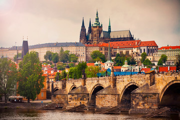 Saint Vitus cathedral and Charles bridge in Prague
