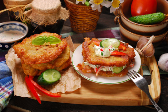 potato cakes with vegetable and mayonnaise sauce