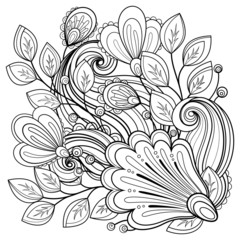 Vector Monochrome Floral Background. Hand Drawn Texture with Flo