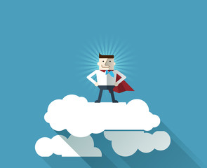 Cartoon businessman Superhero with a red cape on cloud