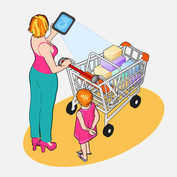 Isometric Internet of Things - Woman with Full Shopping Cart and
