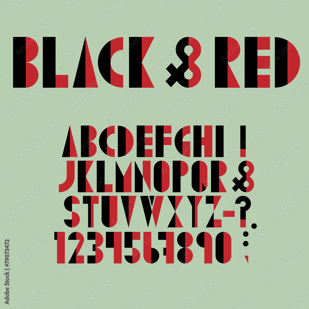 Poster red-black font, numbers and punctuation mark in retro style