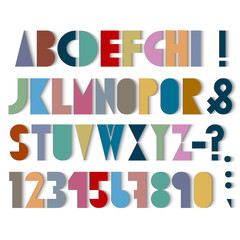Paper font, numbers and punctuation mark with shadows