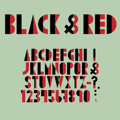 Red-black font, numbers and punctuation mark in retro style