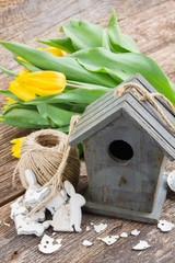 easter decorations with yellow tulips