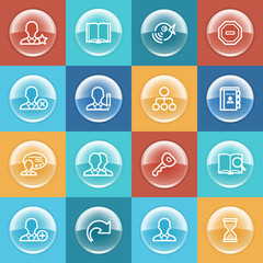 Users icons with buttons on color background.