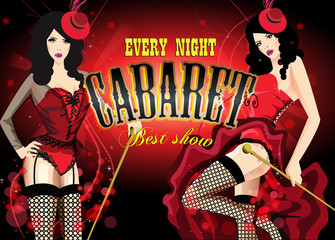 Two Cabaret dancer in a red corset. Retro vector poster