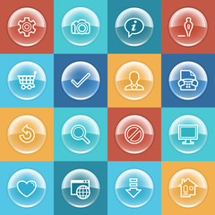 Basic icons with buttons on color background.