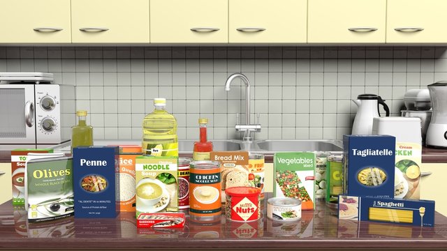Kitchen cabinet closeup with grocery products