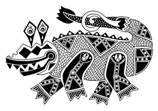black and white authentic original decorative drawing of crocodi