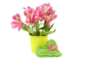 Pink lily flowers in a bucket and cushion-heart.