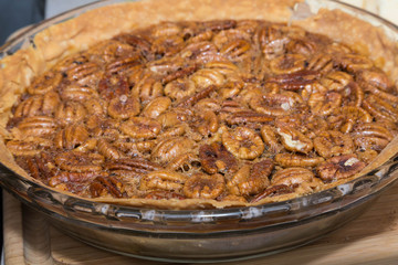 Whole Pecan Pie in Glass Plate