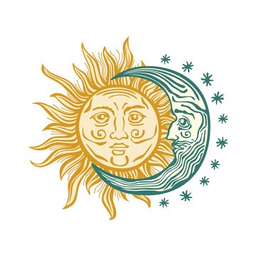 Sun, month stars Vector vintage style folklore retro